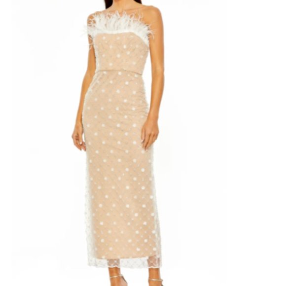 MAC DUGGAL FEATHER DETAIL BEADED STRAPLESS TULLE WHITE/BEIGE MIDI DRESS sz 2 - Picture 5 of 6